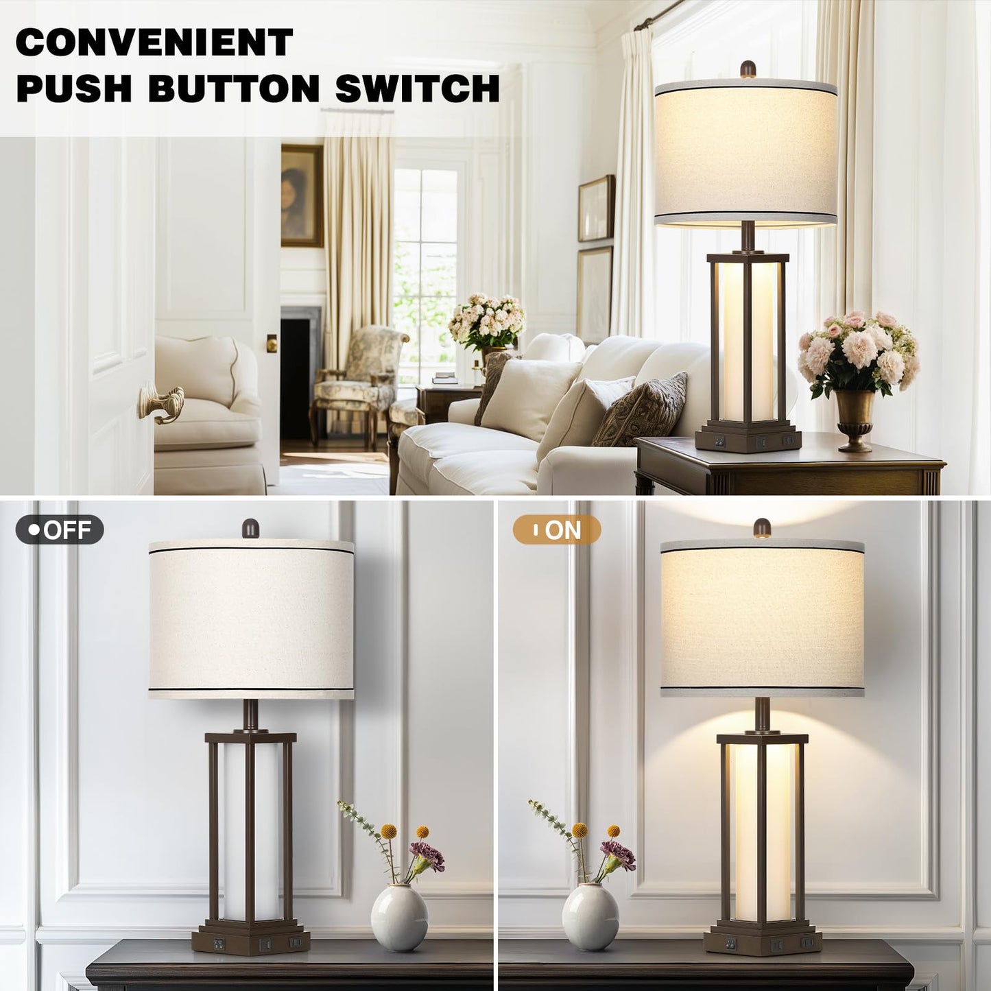 Cinkeda Vintage Table Lamps Set of 2, 27in Tall, Oil-Rubbed Bronze, USB & Outlet, Frosted Glass Night Light for Living Room and Bedroom