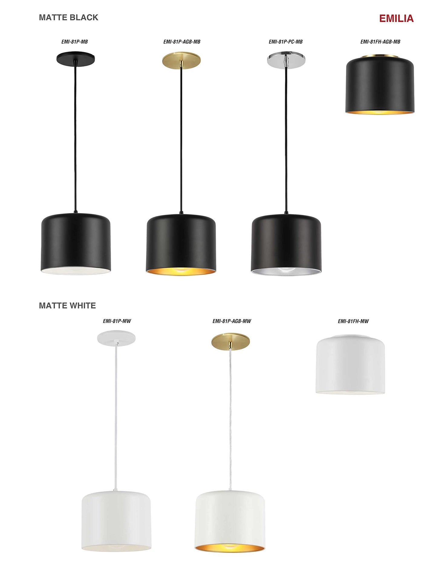 Dainolite EMI-81P-MB Matte Black Pendant Light, 1 Light Fixture, Modern Design