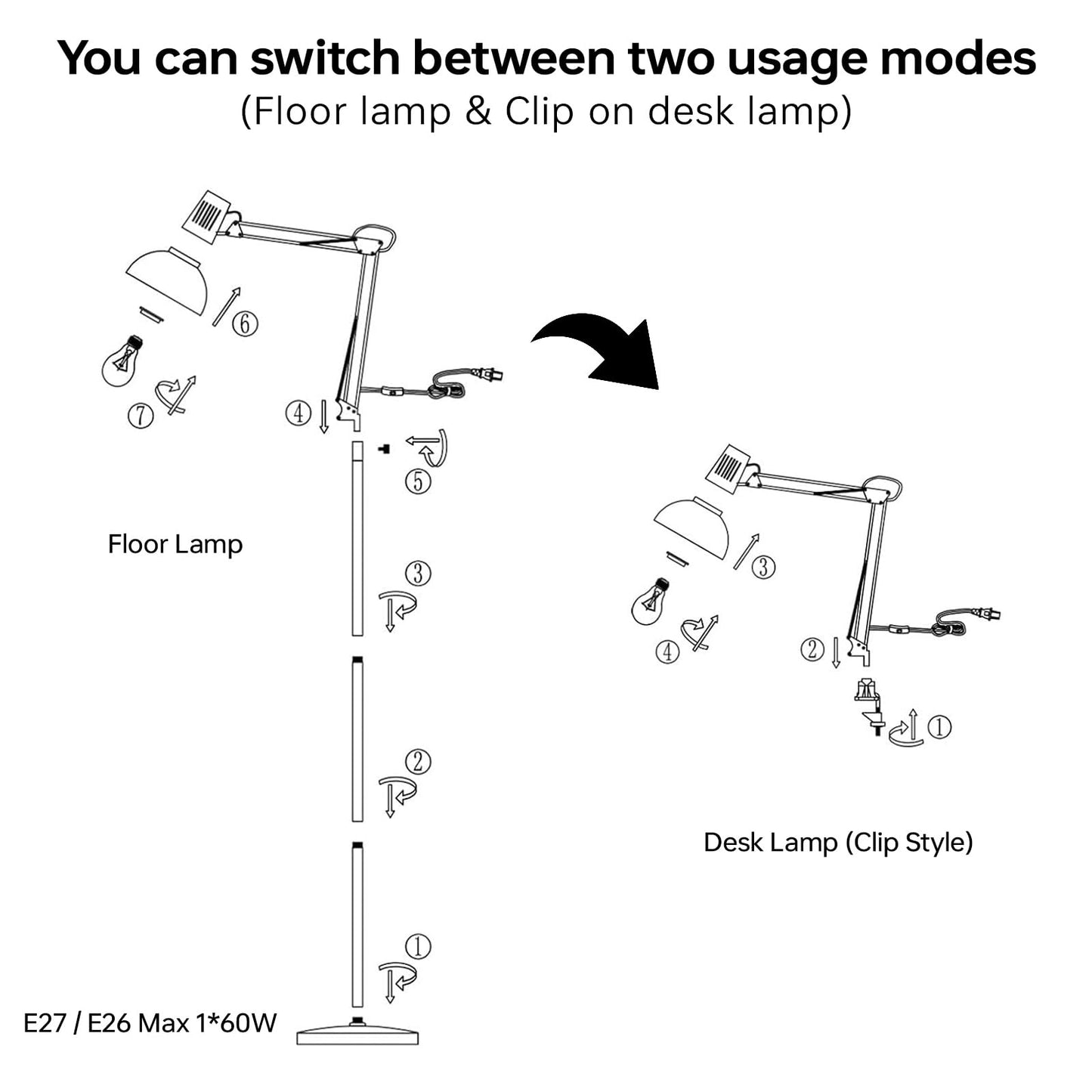 FIRVRE Industrial Floor Lamp with Swing Arm, Adjustable Height, Heavy Duty Base, Sandy Black, Model 003