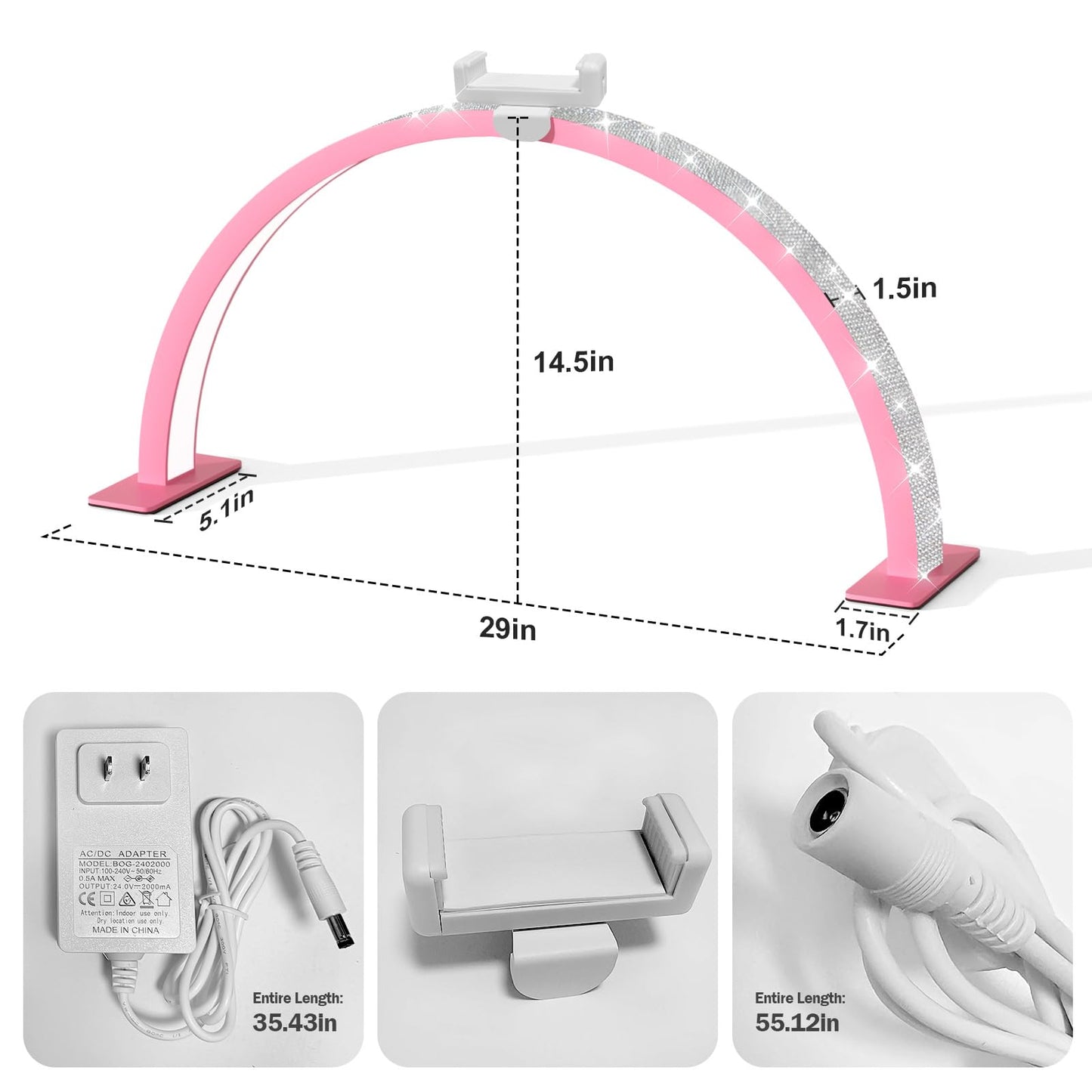 FFKJDM Nail Desk Light, 48W LED, 29-inch Half Moon, Color Temperature 3000K-6000K, Pink