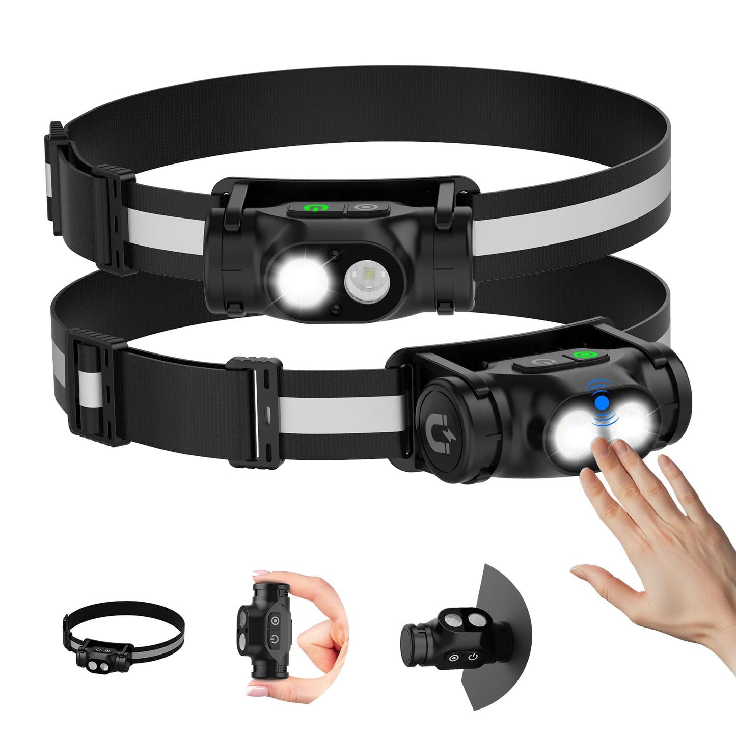 Spriak Rechargeable Headlamp, 1500 Lumens, Motion Sensor, 4 Modes, 2 Pack, Black, Model: Spriak-5066Headlamp