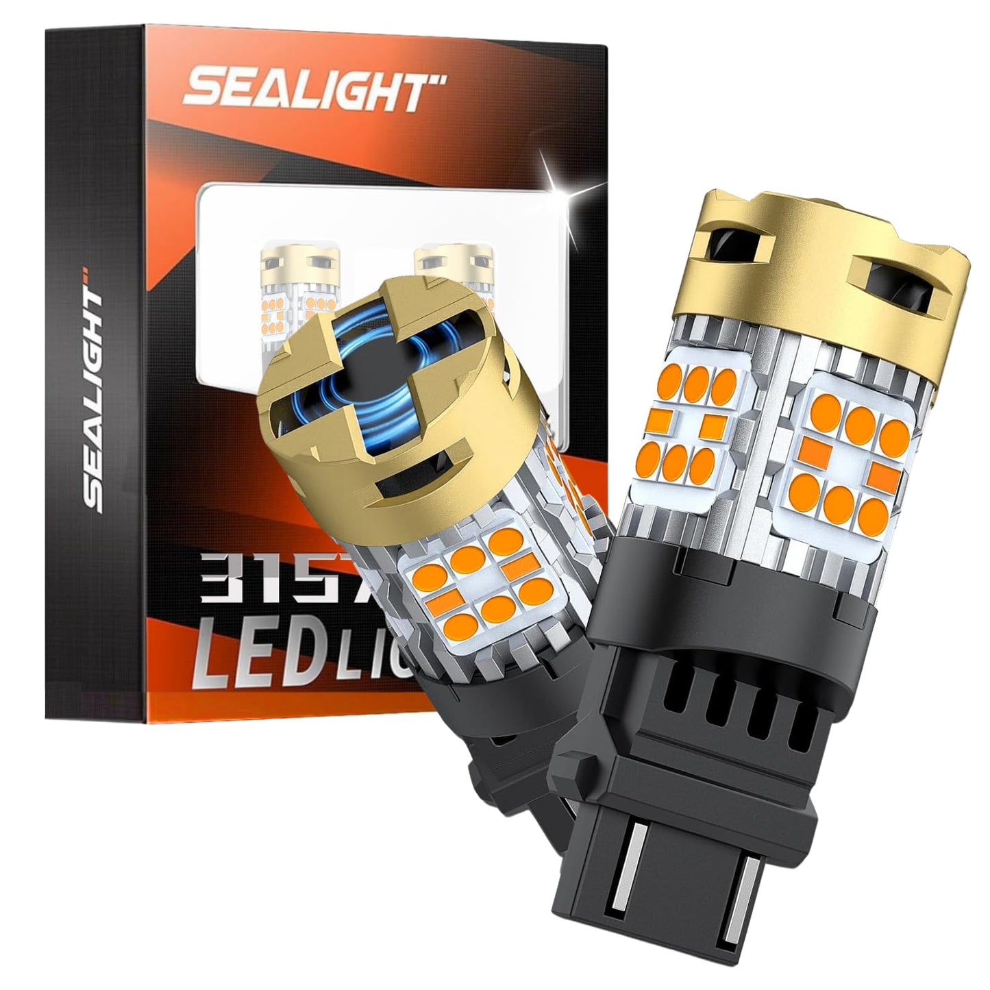 SEALIGHT LED Turn Signal Bulb, 3157 Size, Amber Yellow, Aluminum, Pack of 2, 1400% Brighter for Front Rear Signal Lights