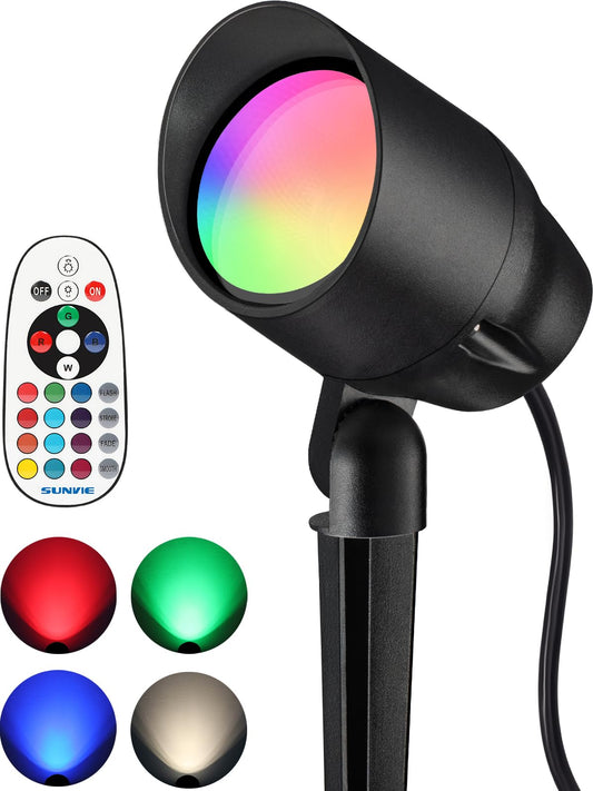 SUNVIE 15W LED Color Changing Landscape Spotlights, Waterproof Aluminum, Black, Model FXCHRS1501, Remote Control for Outdoor Garden Decor