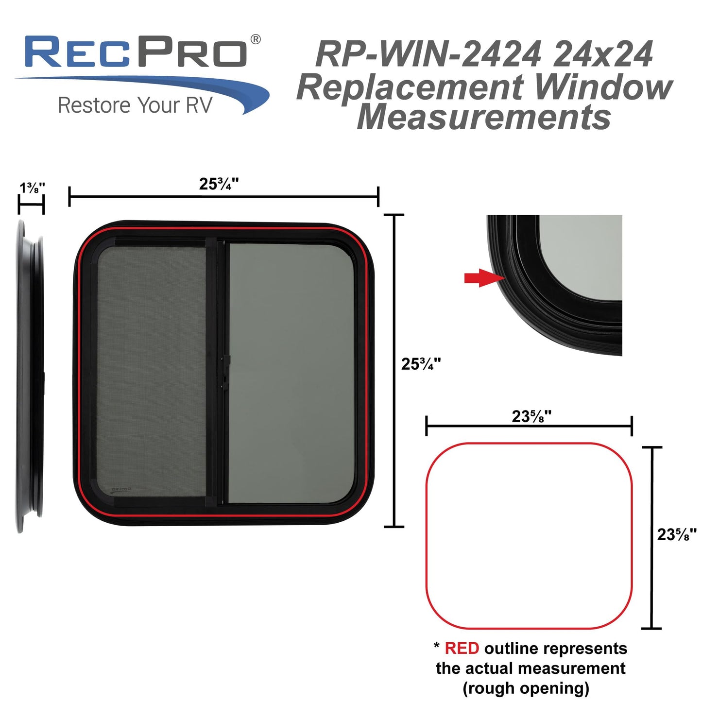RecPro RV Window Replacement | Teardrop Style | 24inW x 24inH | Black Glass | Model RP-WIN