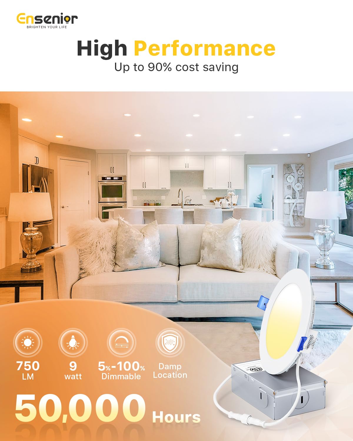 Ensenior 4 Inch LED Recessed Light, Dimmable 2700K-5000K, 750LM, 9W, ETL & FCC Certified, Ultra-Thin