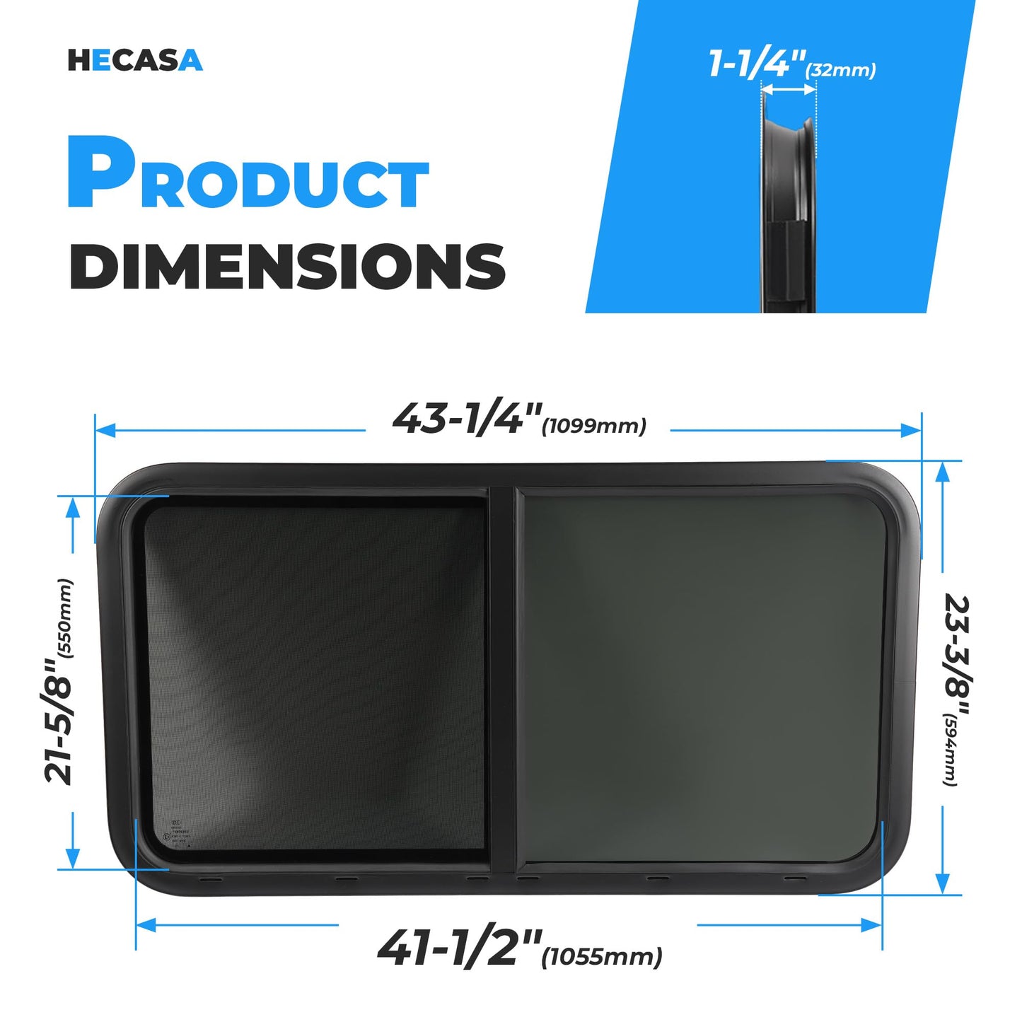 HECASA RV Window Teardrop Horizontal Sliding 42inW x 22inH, Tempered Glass, Powder Coated Black, Model MO-5414, 1PC