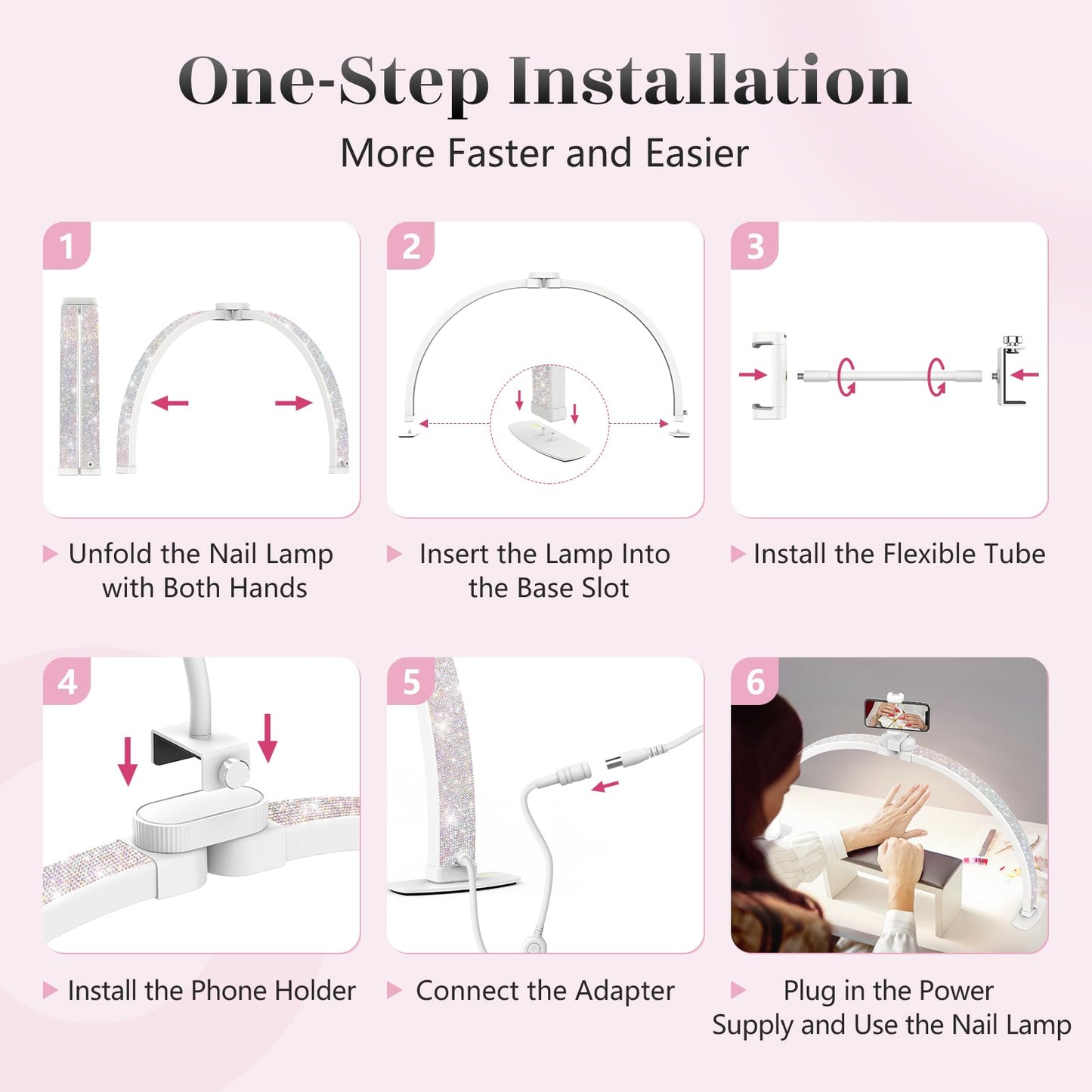 Yokilly Half Moon Nail Desk Lamp - 23in Foldable with Phone Holder, 3 Color Modes, 10 Brightness Levels, Small, Crystal Diamond