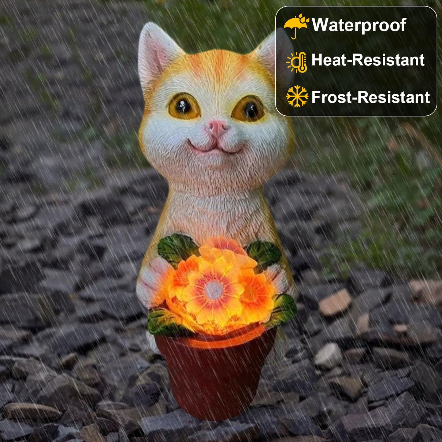 YODY Solar Garden Cat Statue with Flower Pot - Yellow Outdoor Decor for Patio, Balcony, Backyard - Unique Gift for Cat Lovers