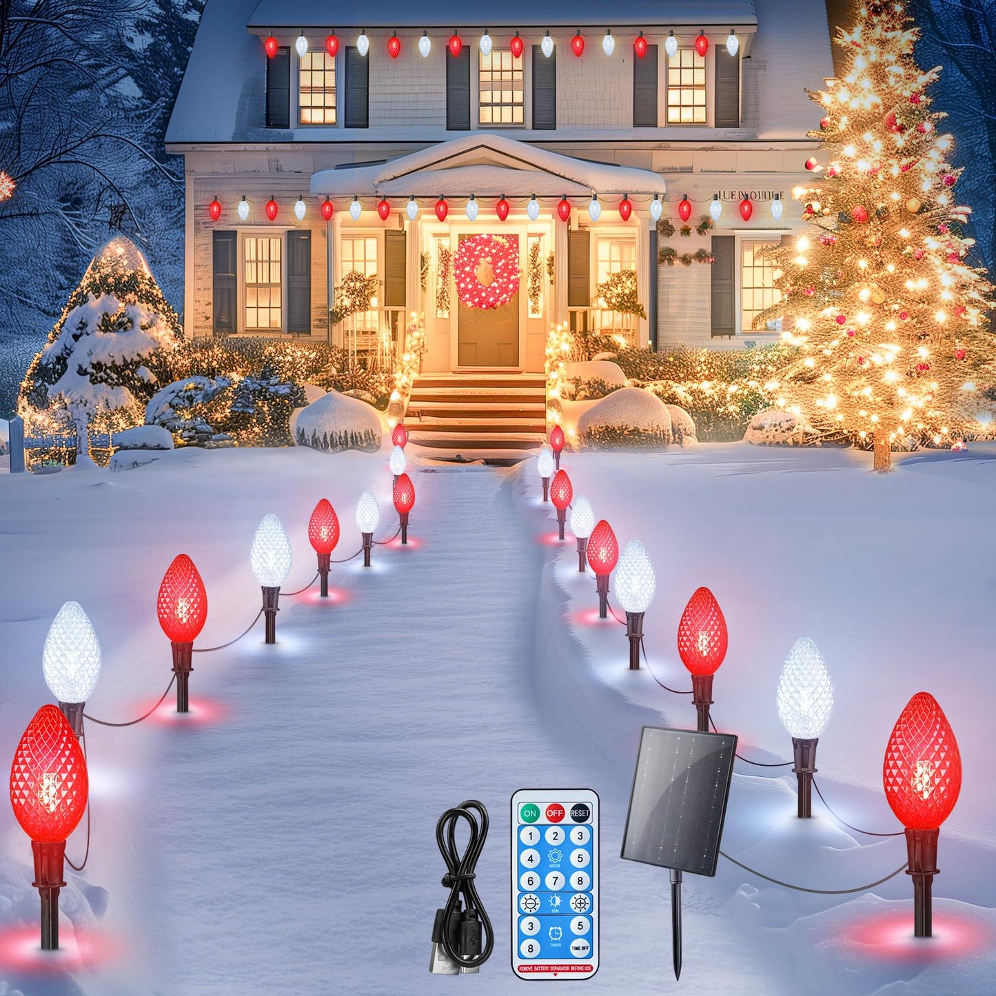 Minetom Solar C9 Strawberry Christmas Pathway Lights - 16FT, 10 LED, 8 Modes, Red & White, Polycarbonate, Model 96ebb898-d573