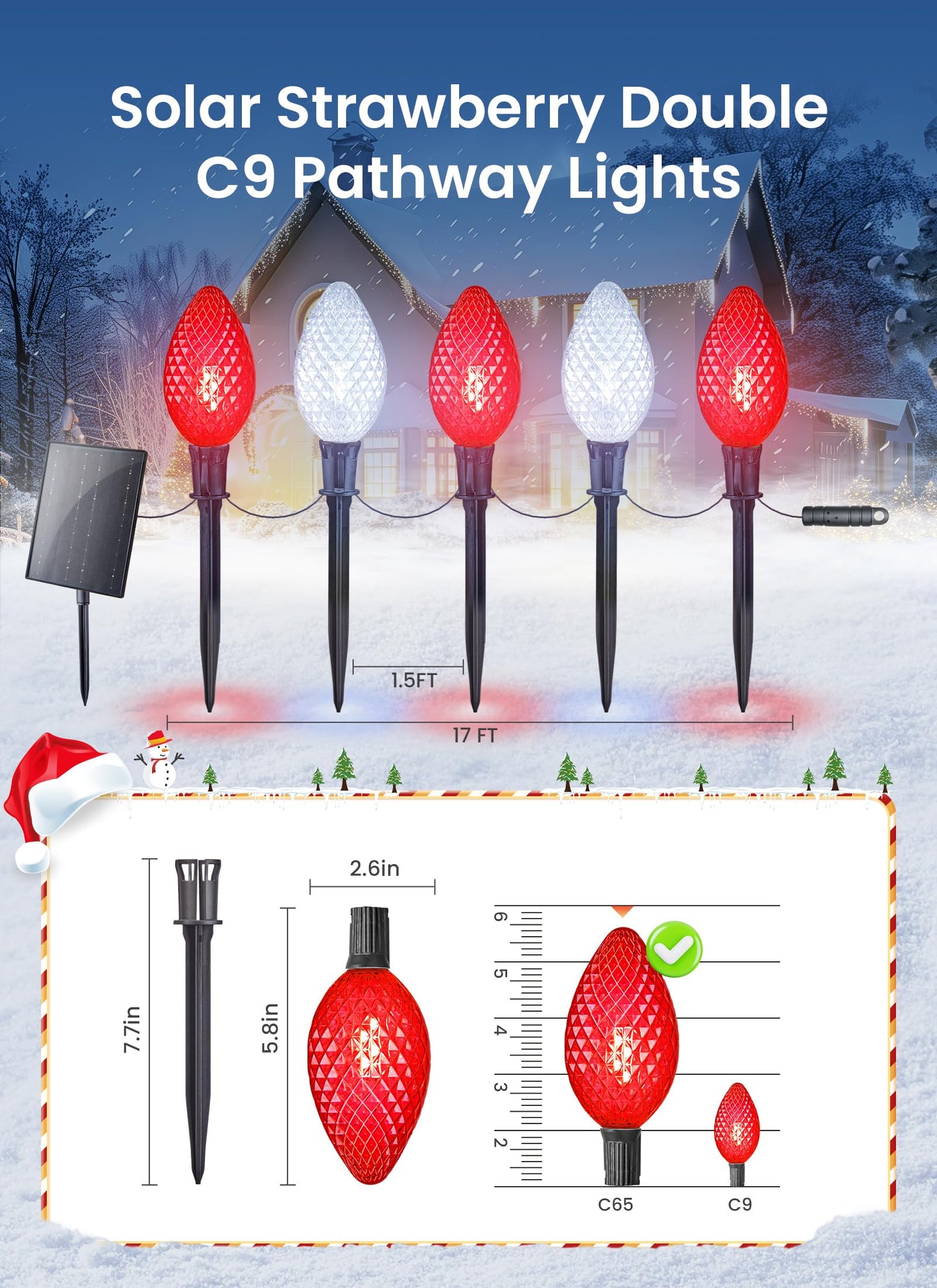 Minetom Solar C9 Strawberry Christmas Pathway Lights - 16FT, 10 LED, 8 Modes, Red & White, Polycarbonate, Model 96ebb898-d573