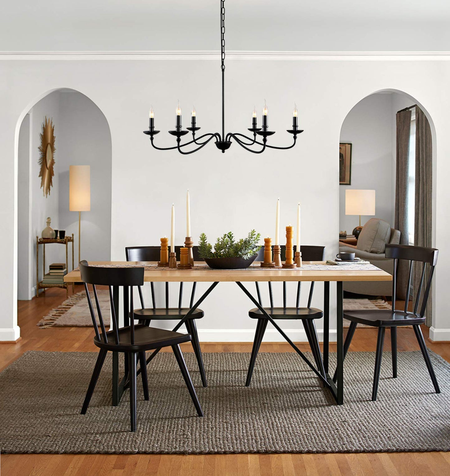 SEOL 6-Light Candelabra Chandelier, 36in Dia, Matt Black, Model SLP1902BK, Farmhouse Ceiling Pendant Light Fixture