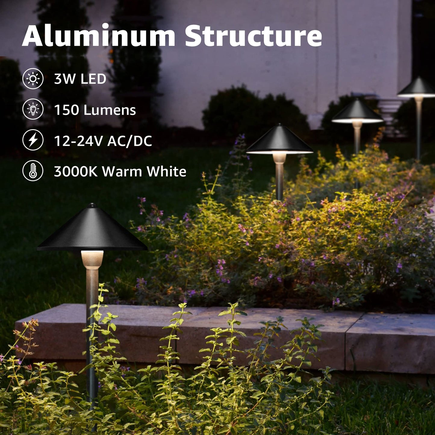 SUNVIE Low Voltage Landscape Lights 3W LED Aluminum Pathway Lights 12 Pack 3000K Waterproof Black Model LSBWB0312C