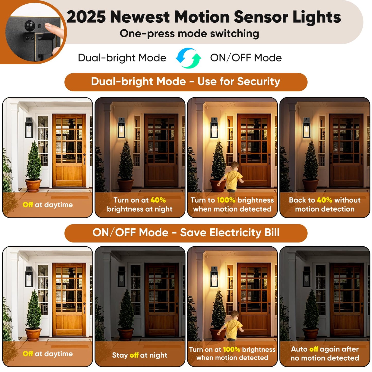 BesLowe Motion Sensor Outdoor Wall Lights, Dusk to Dawn, 14in, Bronze, 2-Pack, Model A927S, Metal Sconces for Porch and Exterior Use