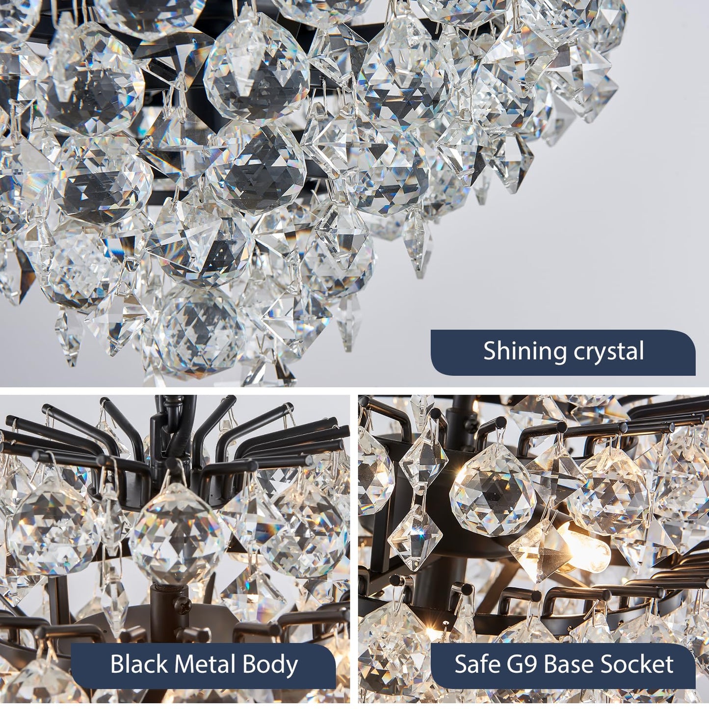 Bestier Black Pendant Chandelier Lighting Fixture, Crystal Raindrop, 4 G9 Bulbs Required, 11in x 12in Model AK-AJ-18183