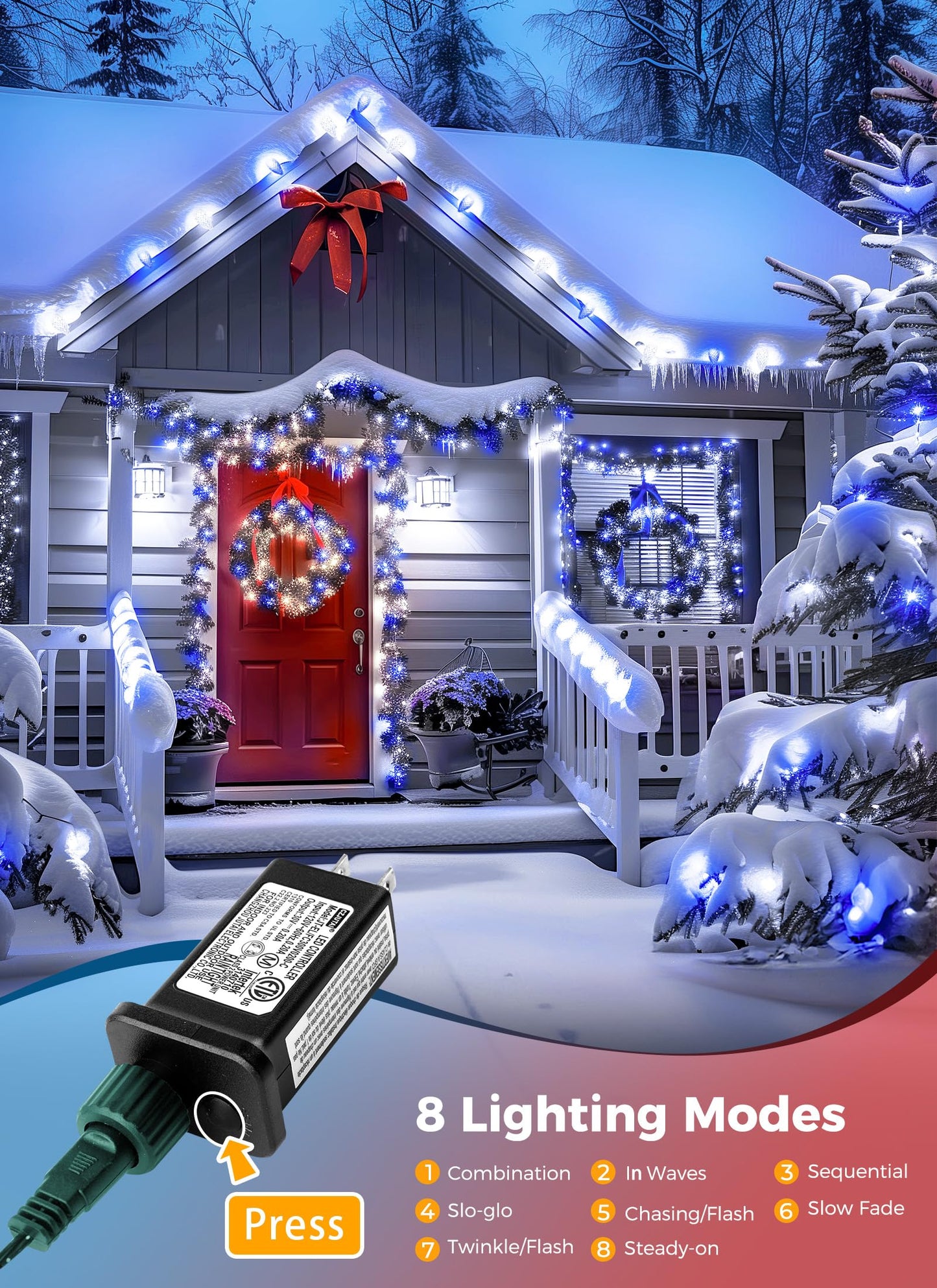Minetom C9 LED Christmas Lights, 81ft 100 Bulbs, Waterproof, Timer & 8 Modes, Blue & Pure White, Outdoor/Indoor Decoration
