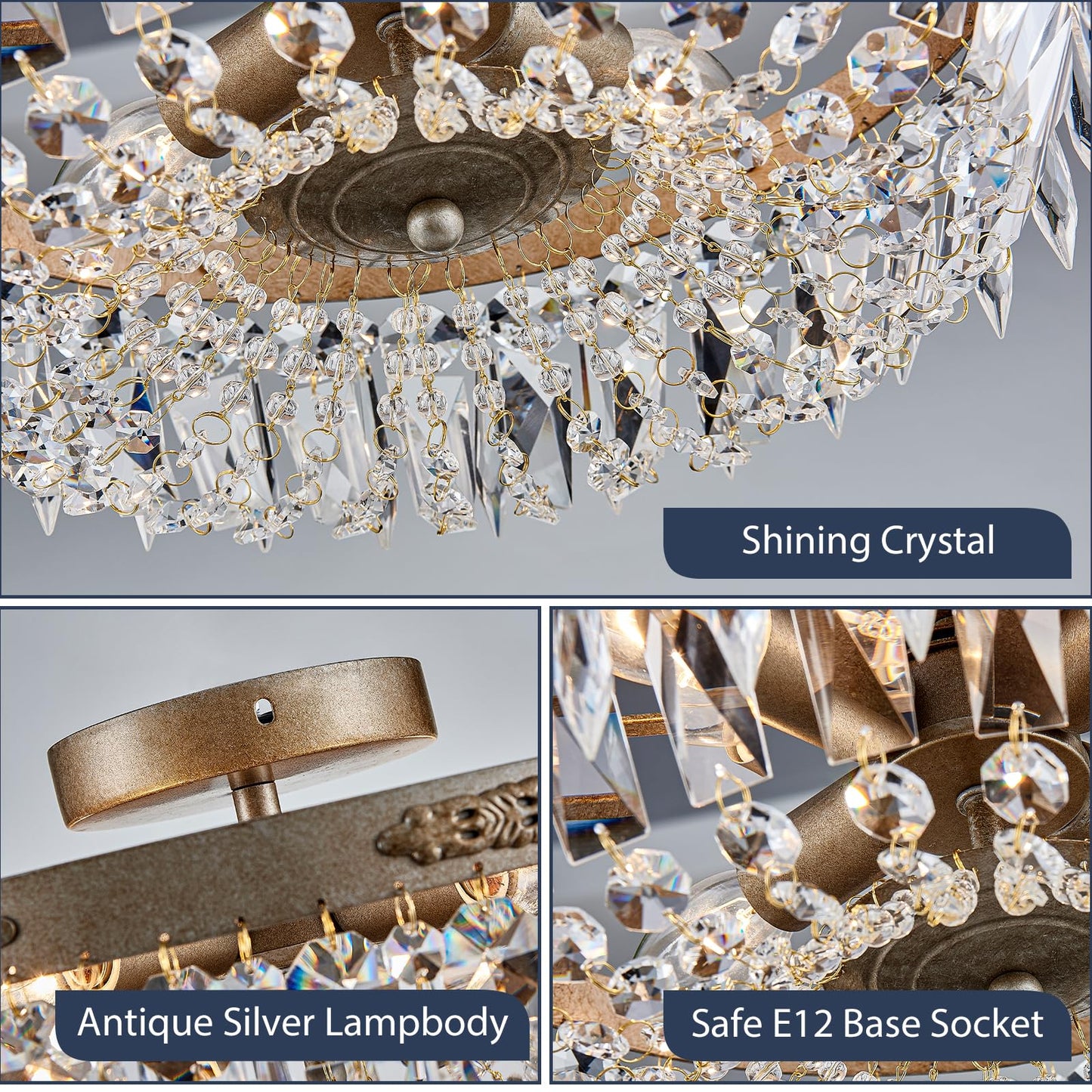 Bestier Antique Silver Semi Flush Mount Chandelier Lighting for Dining Room, 4 E12 Bulbs Required, D14in x H8in